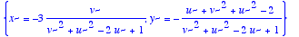 {x = -3*v/(v^2+u^2-2*u+1), y = -(u+v^2+u^2-2)/(v^2+...