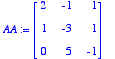 AA := matrix([[2, -1, 1], [1, -3, 1], [0, 5, -1]])