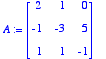 A := matrix([[2, 1, 0], [-1, -3, 5], [1, 1, -1]])
