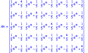 An := 
matrix([[1/5*6^n+4/5, 1/5*6^n-1/5, 1/5*6^n-1/...